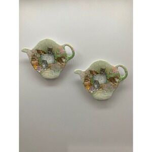 Set of 2 Teapot Tea Bag Rest Made in Italy‎ Kittens in the Garden Decor Melamine